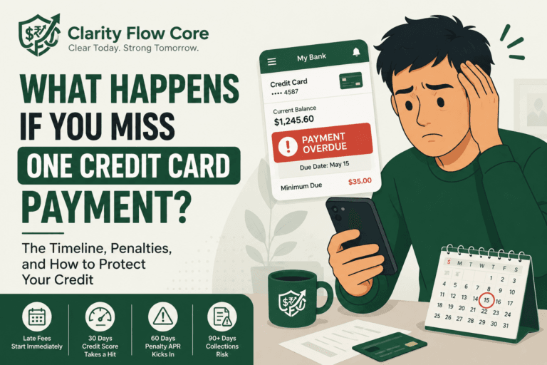 A financial timeline showing the exact credit score impact and penalty fees of a missed credit card payment.