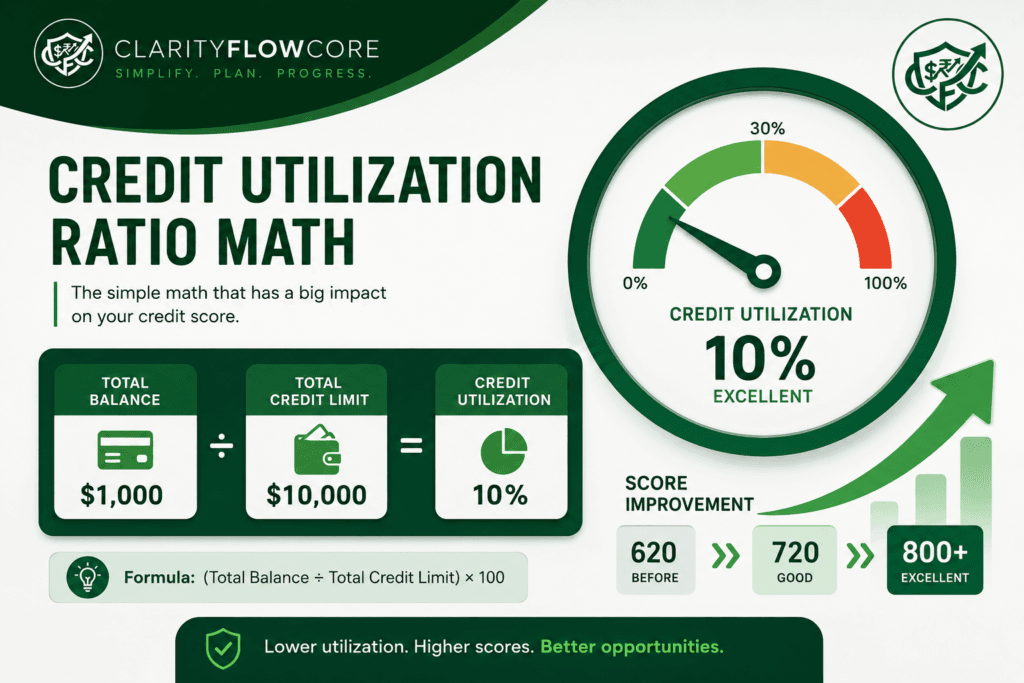 An infographic showing the credit utilization ratio math formula, illustrating how dividing a total balance by the total credit limit to achieve a 10% utilization rate leads to an excellent credit score.