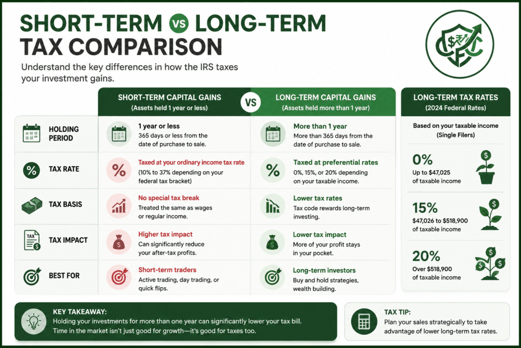 Short-term vs long-term capital gains tax comparison chart showing holding periods and tax rates
