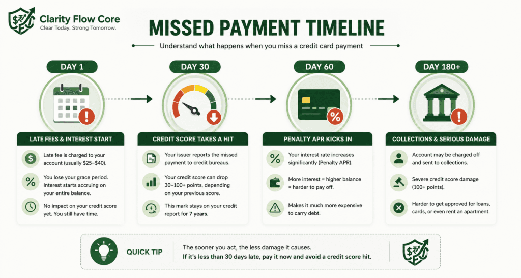 Timeline showing consequences of a missed credit card payment from day 1 to day 180