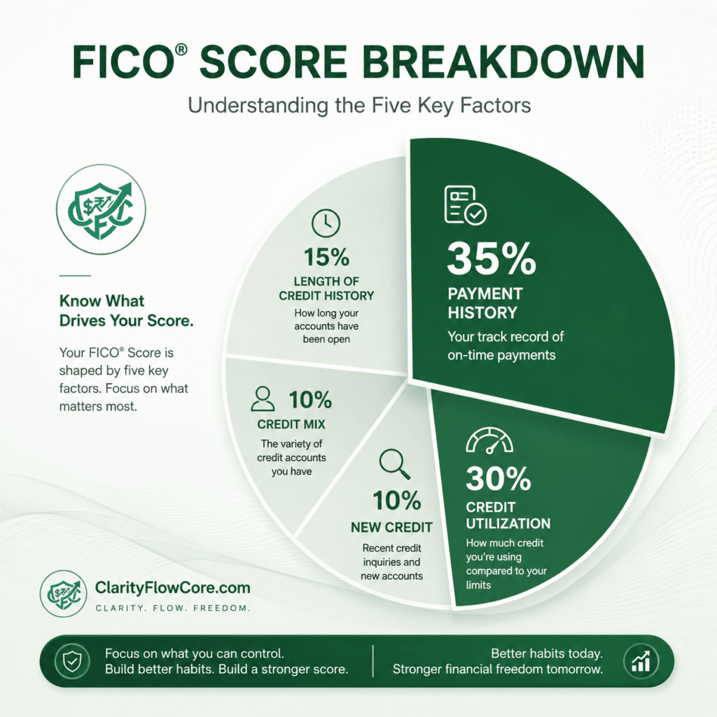 credit utilization vs payment history: A pie chart showing the FICO score breakdown, with 35% highlighted for payment history and 30% for credit utilization