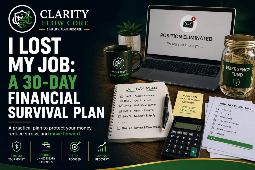 A checklist showing what to do when you lose your job, including filing for unemployment and saving HR paperwork.