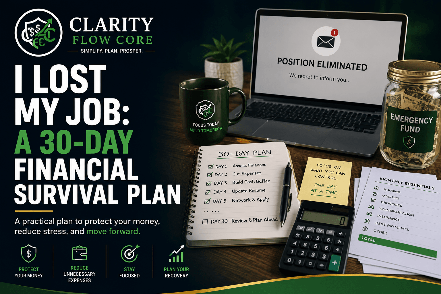A checklist showing what to do when you lose your job, including filing for unemployment and saving HR paperwork.